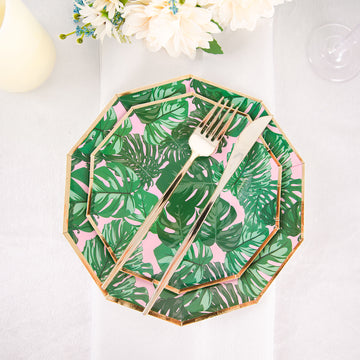 Tropical Palm Leaf Dinner Paper Plates - Vibrant Pink/Green with a Touch of Gold