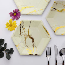 Disposable Ivory 8.5 Inch Salad Plates Gold Foil Marble Hexagon