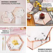 10/8 Inch Hexagon Disposable Plates with Blush Rose Gold Marble Design and Gold Foil Rim 50 Pack