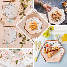 10/8 Inch 50 Pack of Hexagon Marble Design Disposable Plates with Gold Foil Rim
