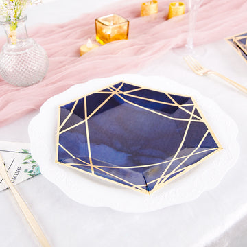 Navy Blue and Gold Hexagon Salad Paper Plates for All Occasions
