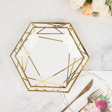 25 Pack | 7inch White / Gold Hexagon Salad Paper Plates, Geometric Disposable Dessert 
