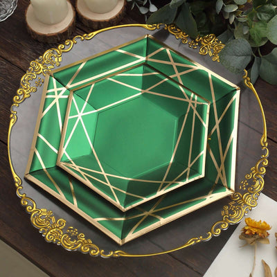 Elegant green and gold geometric serving trays stacked together.