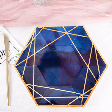 Elegant Navy Blue and Gold Hexagon Dinner Paper Plates