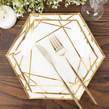 25 Pack | 9inch White / Gold Hexagon Dinner Paper Plates, Geometric Disposable Party Plates
