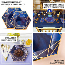 25 Pack | 9inch Navy Blue / Gold Hexagon Dinner Paper Plates, Geometric Disposable Plates