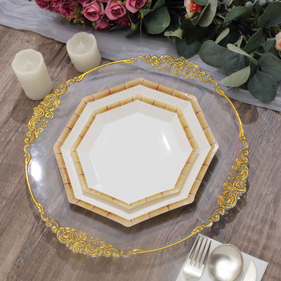 Elegant octagonal plates with gold trim on a decorative table setting.