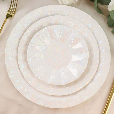 Set of three iridescent plates for elegant dining occasions.