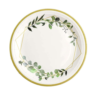Decorative paper plate with green leaf design and geometric border.