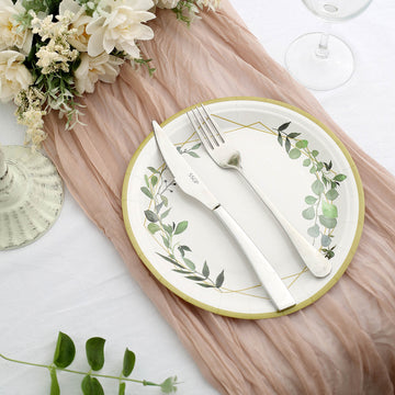 Elegant White Round Geometric Gold Rim Leaf Dinner Paper Plates