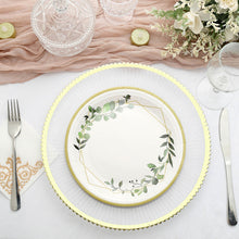 9 Inch White Round Plates With Eucalyptus And Gold Trim 24 Pack 300 GSM