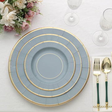 Dusty Blue Gold Rim Sunray Heavy Duty Paper Dinner Plates: The Perfect Party Essential