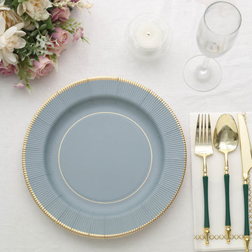 Elevate Your Event with Dusty Blue Gold Rim Sunray Heavy Duty Paper Dinner Plates