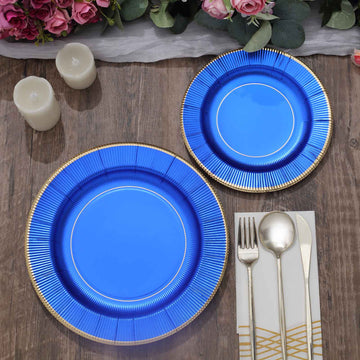 Create a Stunning Table Aesthetic with Royal Blue Sunray Gold Rimmed Paper Plates