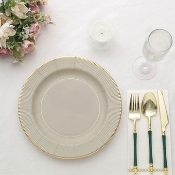 Elegant Taupe Gold Rim Sunray Heavy Duty Paper Dinner Plates