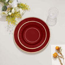 8 Inch Size Paper Plates In Burgundy With Gold Sunray Rim Design