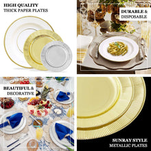 25 Pack | 10inch Dusty Blue Gold Rim Sunray Heavy Duty Paper Dinner Plates