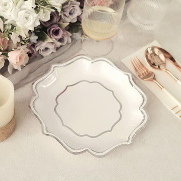 Elevate Your Table Decor with White/Silver Scallop Rim Dessert Party Paper Plates