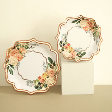 Elevate Your Event Decor with White Rose Gold Floral Paper Plates