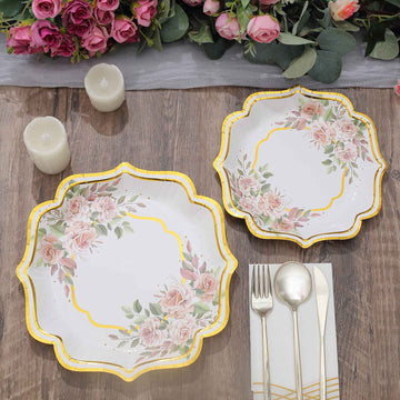 Create an Unforgettable Event with White / Gold Floral Scallop Rim Dinner Paper Plates