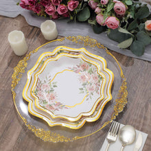 Floral Scallop Rim Disposable White And Gold Paper Plates 25 Pack 8 Inch 300 GSM 