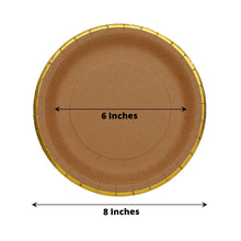 25 Pack | 8 Round Natural Brown Paper Dessert Plates With Gold Lined Rim, Disposable Salad Appetize