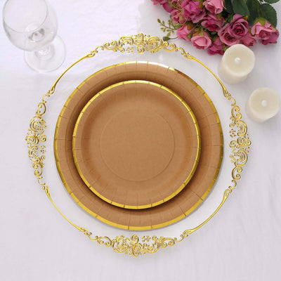 Elegant gold-trimmed disposable plates on a white background