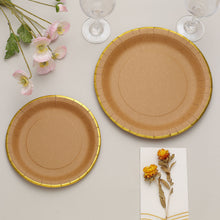 25 Pack | 8 Round Natural Brown Paper Dessert Plates With Gold Lined Rim, Disposable Salad Appetize