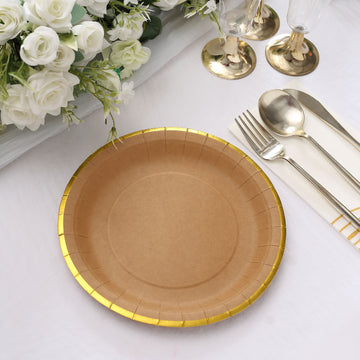 Natural Brown Paper Dessert Plates with Gold Lined Rim