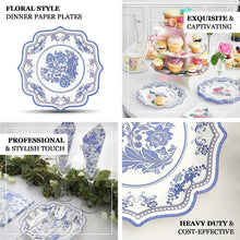 25 Pack White Blue 8inch Paper Dessert Plates With Chinoiserie Florals and Scalloped Rims
