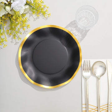 Elegant Matte Black and Gold Wavy Rim Paper Dessert Appetizer Plates