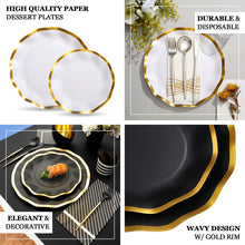 25 Pack | 8inch Matte Black / Gold Wavy Rim Paper Dessert Appetizer Plates, Round Salad Party Plates