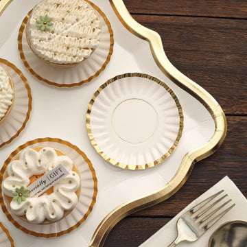 Elegant White and Gold Scalloped Rim Mini Paper Dessert Plates
