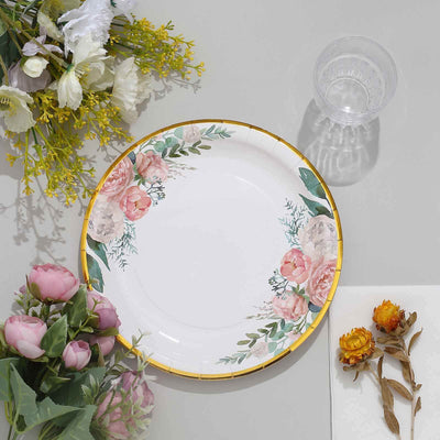 Floral-themed disposable plate with gold trim and decorative flowers.