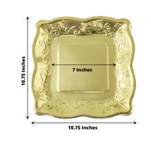 25 Pack Disposable Gold Square Shiny Metallic Pottery Embossed Scroll Edge Design 350 GSM Vintage Disposable Plates 11 Inch