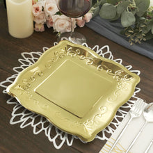 25 Pack of 11 Inch Gold Square Vintage Disposable Paper Plates with Shiny Metallic Pottery Embossed Scroll Edge Design 350 GSM