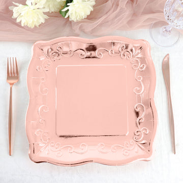 Add Elegance to Your Event with Shiny Rose Gold Square Vintage Dinner Plates