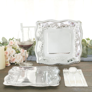Impress Your Guests with Pottery Embossed Silver Square Vintage Dinner Plates