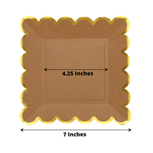 25 Pack | 7 Square Natural Brown Paper Dessert Plates With Gold Scalloped Rim, Party Plates