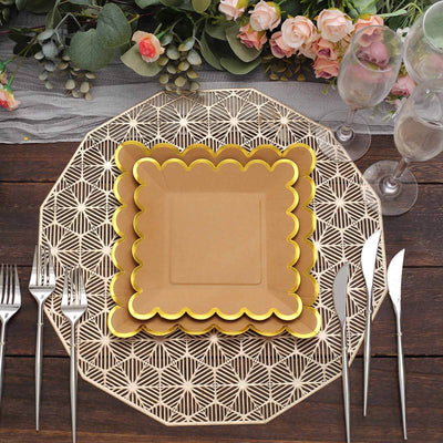 Decorative golden scalloped plate on an intricate lace placemat.