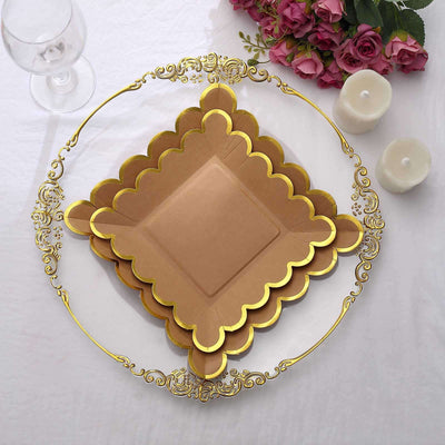 Elegant gold and brown scalloped plate on a white table setting.