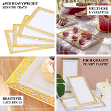 Pack of 4 Lace Print Design Plastic 14 Inch Rectangular Gold and White Serving Trays 