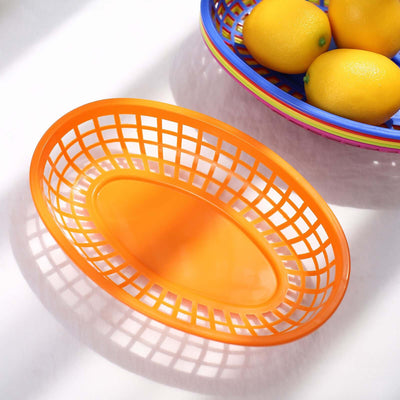Orange oval plastic basket with a grid design.