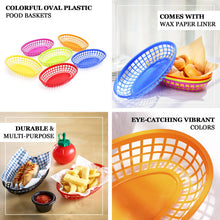 6 Pack | Colorful Oval Plastic Food Baskets With 50 Wax Paper Liners
