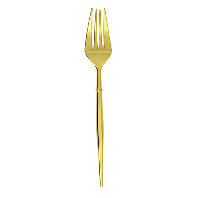 Gold dinner fork with elegant design on a plain white background
