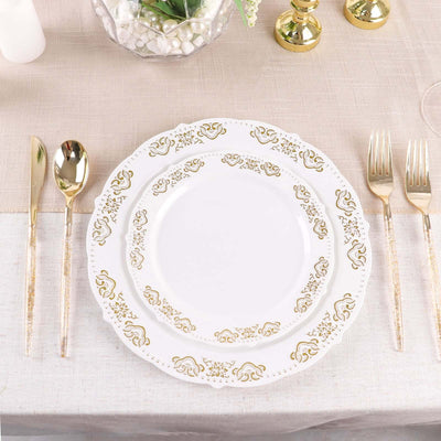 Elegant white plate with gold floral design, set on a textured tablecloth.