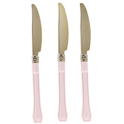 Set of three elegant pink-handled knives with stainless steel blades.