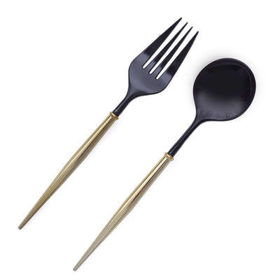 Black plastic serving fork and spoon with gold accents