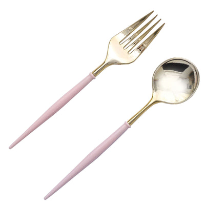 Gold fork and spoon set with pink handles