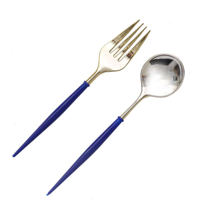 Gold fork and spoon set with blue handles